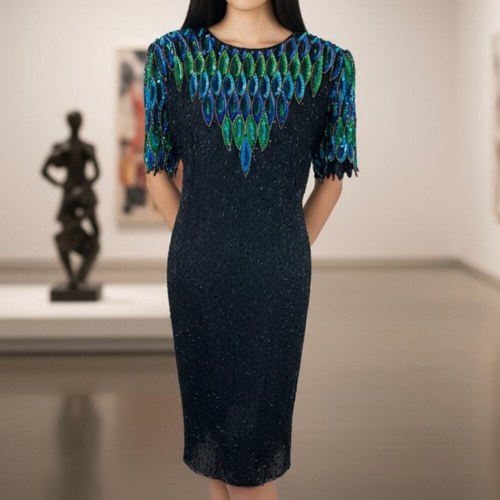 Vintage Stenay Plus 80's Pure Silk Beaded Mini Dress Peacock sz 16 key hole back